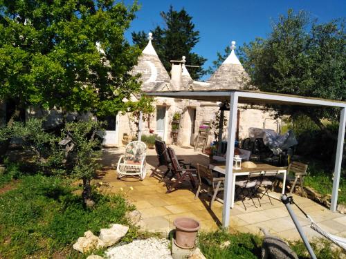 a patio with a table and chairs under an umbrella at Trulli Spinosa in Cisternino
