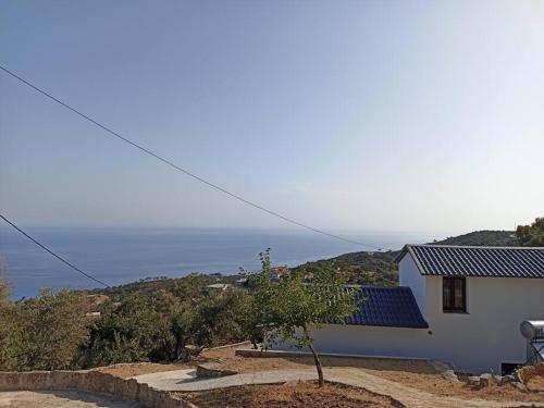 a white house with a view of the ocean at Aloni Cottage above Aegean Sea in Raches