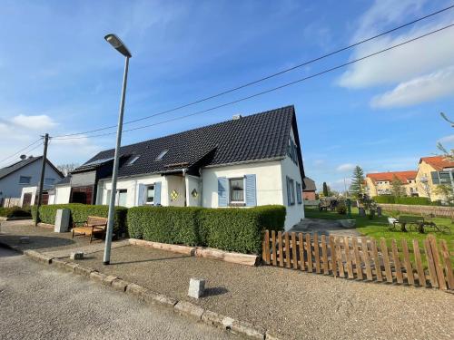 a white house with a fence and a street light at Pension Landhaus an der Saale in Bernburg