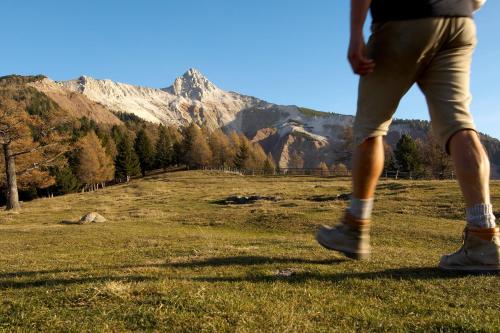 a person walking in a field with a mountain in the background at Rasterhof in Aldino