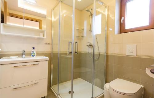 a bathroom with a shower and a toilet and a sink at Stunning Home In Sisan With Outdoor Swimming Pool in Šišan