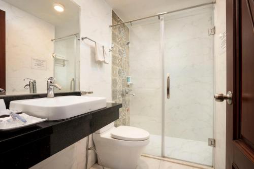 La salle de bains est pourvue de toilettes, d'un lavabo et d'une douche. dans l'établissement Hanoi Morning Hotel, à Hanoï