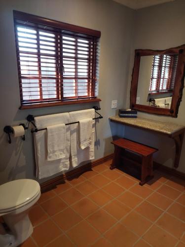 a bathroom with a toilet and a mirror and towels at Allo Allo in Boksburg