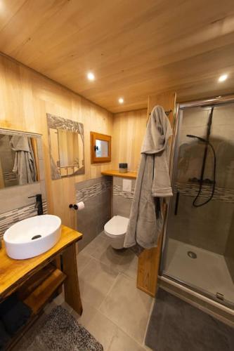 une salle de bain avec toilettes, lavabo et douche dans l'établissement La Cabane des Colibris, à Rieupeyroux