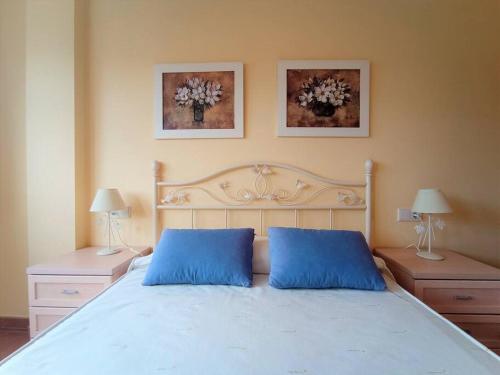 a bedroom with a large bed with blue pillows at APARTAMENTO PLAYA CATEDRALES CON PISCINA Y TERRAZA in Barreiros