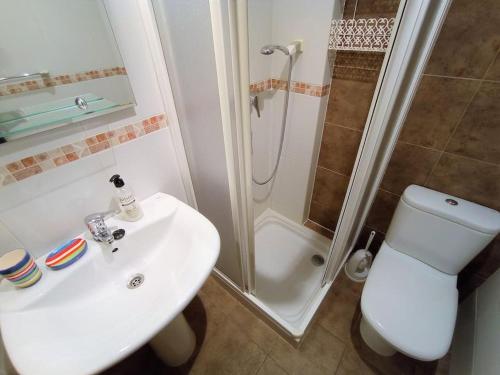 a bathroom with a sink and a shower and a toilet at APARTAMENTO PLAYA CATEDRALES CON PISCINA Y TERRAZA in Barreiros