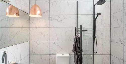 uma casa de banho com um chuveiro e um WC. em Magnificent View in Queenstown em Queenstown