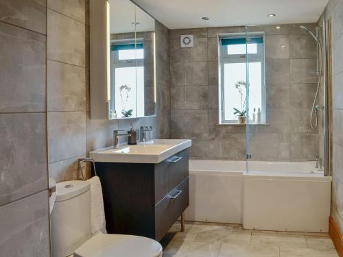 uma casa de banho com um lavatório, um WC e uma banheira em Chestnut Lodge em Portpatrick