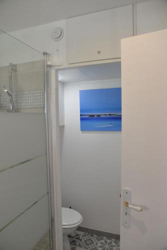 La salle de bains est pourvue de toilettes et d'une porte en verre. dans l'établissement Vue mer exceptionnelle, à Sainte-Maxime
