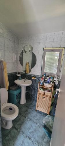 a bathroom with a toilet and a sink at Fiołek - domek nad Szelągiem Wielkim in Ostróda