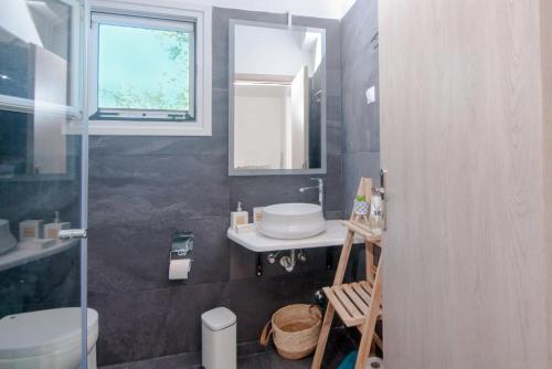 a bathroom with a sink and a toilet and a window at Patelis House in Potamós