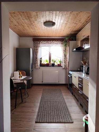 a kitchen with a table and a window at Agropensiunea-Alexandra in Niculiţel