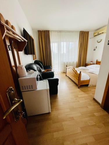 a living room with a couch and a bed at Pensiune Roua 2 in Arad