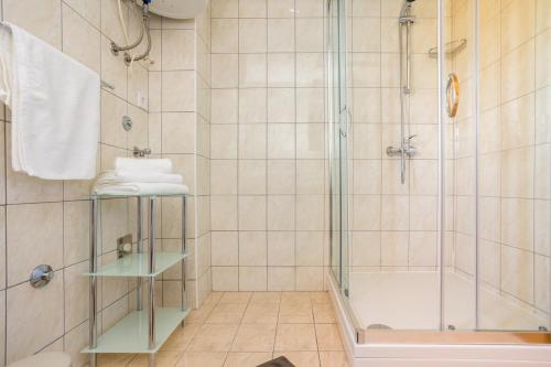 a bathroom with a shower with a glass door at Apartments Sara in Milohnići