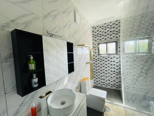 y baño blanco con aseo y ducha. en Appartement meublé 2chambres 1salon T3 N10 Résidence LES 11 PLURIELLES, en Lomé