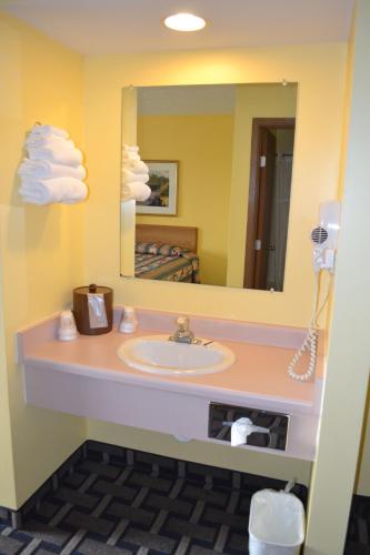 a bathroom with a sink and a mirror at Sky Lodge Inn & Suites - Delavan in Delavan