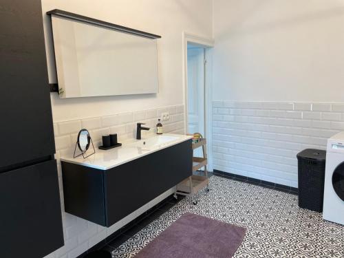 een badkamer met een wastafel en een spiegel bij Vakantiewoningen Bienvenue, Le Pont in Lanaken