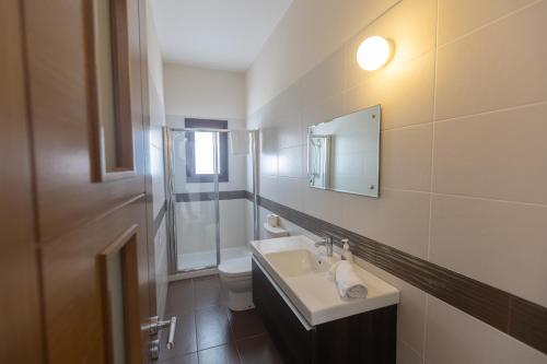 a bathroom with a sink and a mirror and a toilet at Sparta Luxury Villa in Protaras