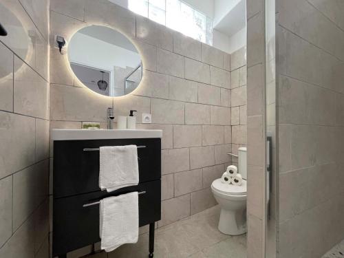 a bathroom with a sink and a mirror and a toilet at California Park - Wifi, AC, 4 pers in Nice