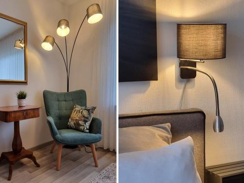 Habitación con cama, silla y lámpara. en Stay aWhile Apartment 5 Min zum GOP, BALI-Therme, HDZ & Klinik Nähe, Netflix, en Bad Oeynhausen
