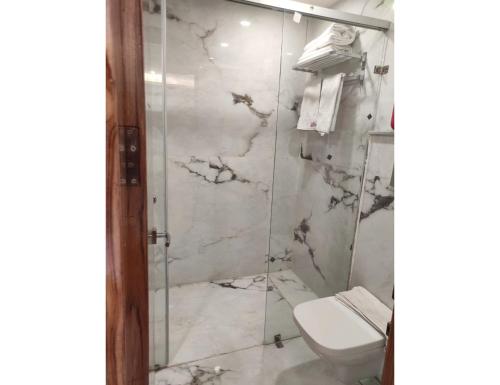 a bathroom with a glass shower with a toilet at Royal Park-Hotels & Resorts, Ghaziabad in Ghaziabad