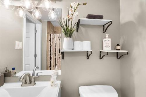 a bathroom with a sink and a toilet and a mirror at Elegant 1-BR Apartment in Silver Spring