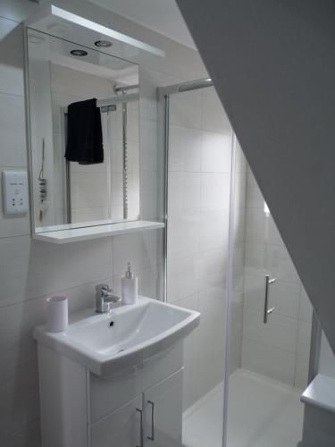 a white bathroom with a sink and a shower at Gwyndaf Holiday Cottage in Llangoed