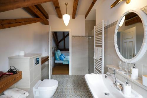 a bathroom with a sink toilet and a mirror at Boutique-Hotel im Sternenhof in Großkarlbach