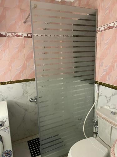 a glass shower in a bathroom with a toilet at Nile view in Cairo