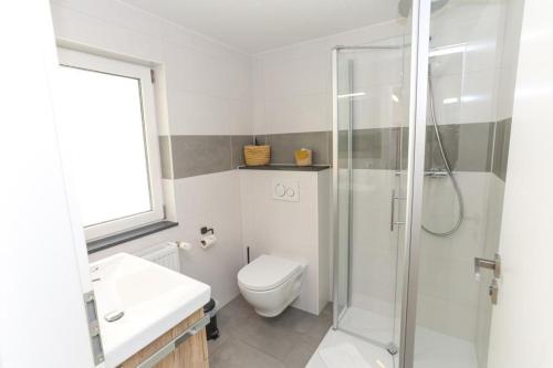 a bathroom with a shower and a toilet and a sink at Falk & Frei Selketal Resort in Meisdorf