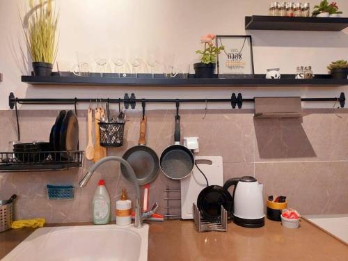 - un comptoir de cuisine avec évier, casseroles et poêles dans l'établissement דירת גן בהורקנוס, à Beer-Sheva