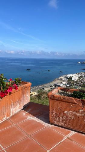 a view of the ocean from a balcony with flowers at Villa la Dimora di Zoè in Ischia