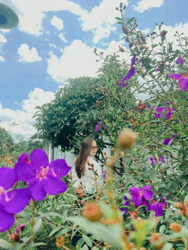 a woman standing in a garden with purple flowers at Nacasoo hill in Tiên Hai