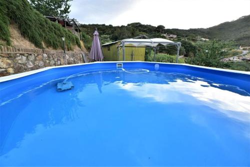 a large blue swimming pool with an umbrella at Casa vacanze il Pastore Tedesco in Portoferraio