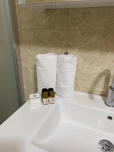 2 rouleaux de papier toilette et 2 bocaux sur un lavabo dans l'établissement BALEK APART, à Pelitli
