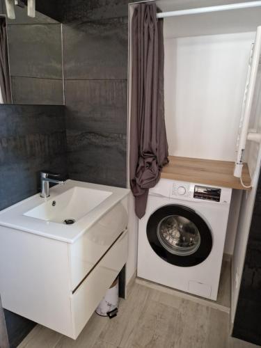 a bathroom with a washing machine and a sink at STUDIO 2 chez Fred et Val in Embrun