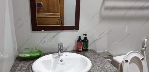 a bathroom with a sink and a mirror and a toilet at Tuyet's hostel in Ninh Binh