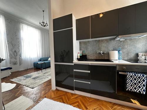 a kitchen with black cabinets and a living room at Pure of joy City Centre Apartment in Subotica