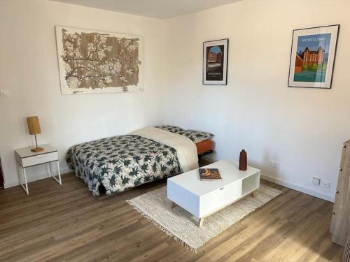 a bedroom with a bed and a table in it at Studio Meublé Tout Confort in Montauban