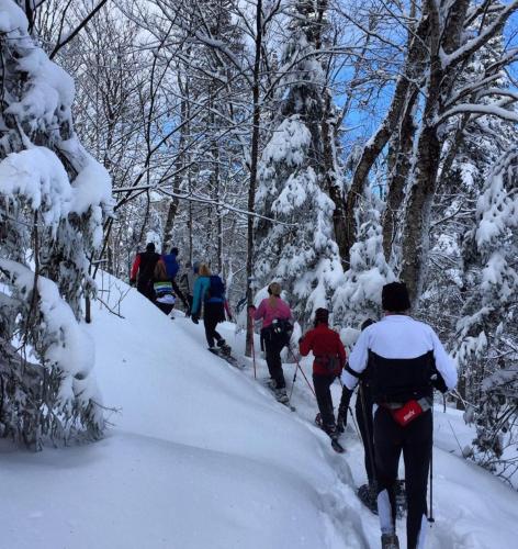 a group of people cross country skiing on a snow covered trail at Hameau 24#22 - Studio in Stoneham