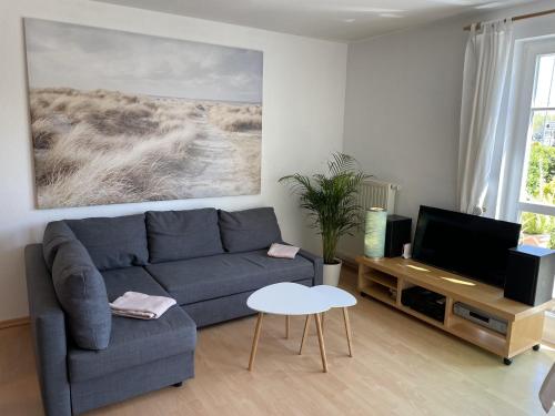 a living room with a blue couch and a tv at Wiecker Apartment am Ryck in Greifswald