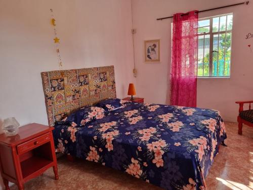 a bedroom with a bed with a blue blanket and a window at Le Soleil Villa in Centre de Flacq