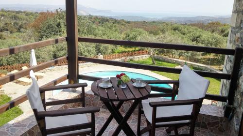 a table and two chairs on a balcony with a pool at Stratos Villas in Melidhónion