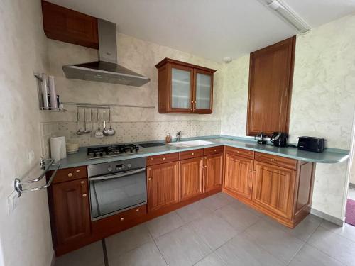 a kitchen with wooden cabinets and a stove top oven at La ferme du paradis in Merris