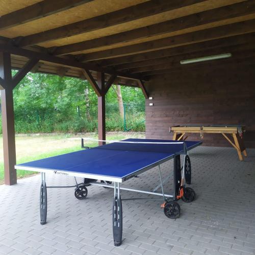 a ping pong table sitting under a pavilion at Bajkowa Przystań domki nad jeziorem in Żoń