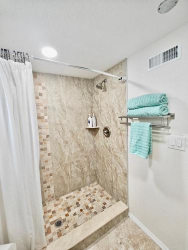 a bathroom with a shower with a shower curtain at Amazing guest unit central location in St. Petersburg