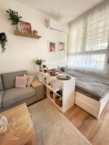 a small living room with a couch and a window at Balaton Breeze Apartman in Fonyód
