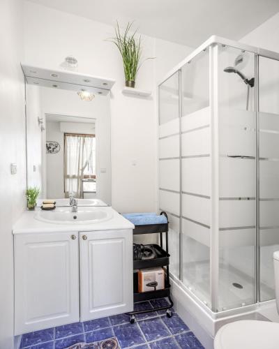 une salle de bain avec douche et lavabo dans l'établissement Le Petit Ciné - Rouen Gare - Smartloc Immo, à Rouen