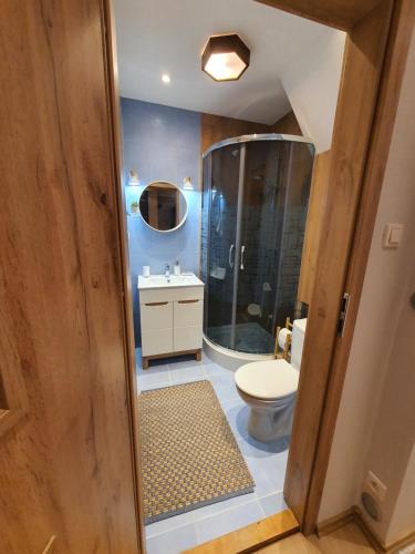 W łazience znajduje się prysznic, toaleta i umywalka. w obiekcie Komfortowo i cicho - Apartament w Krakowie