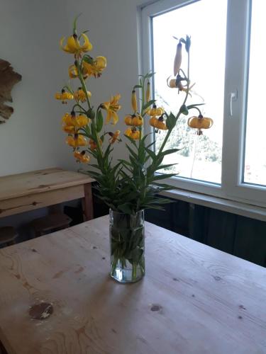 a vase filled with yellow flowers sitting on a table at B & B Juta in Stepantsminda